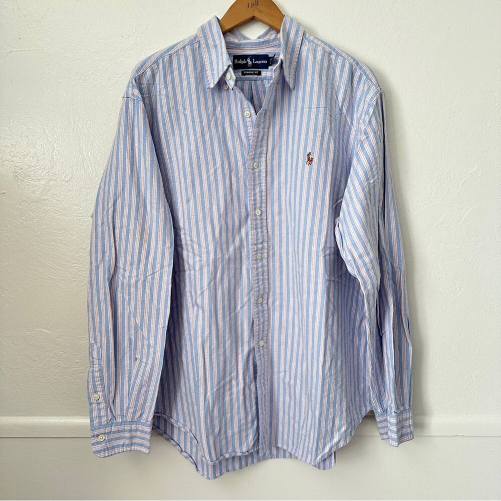 Ralph Lauren Stripe Vintage Button Down Classic Blue Green Pink Top XL